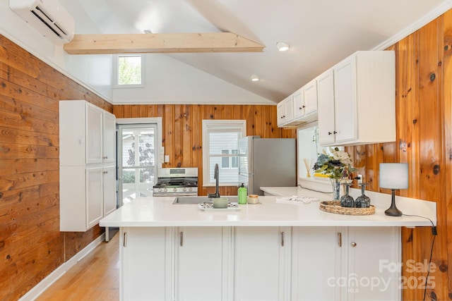 386 Charlotte Dr, Lake Lure, NC 28746 - kitchen featuring appliances with stainless steel finishes, a sink, a wall mounted air conditioner, wood walls, and a peninsula