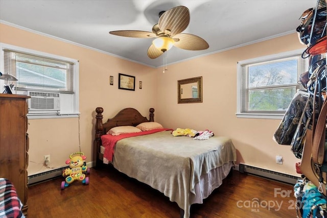 bedroom with baseboard heating, a baseboard radiator, multiple windows, cooling unit, and crown molding