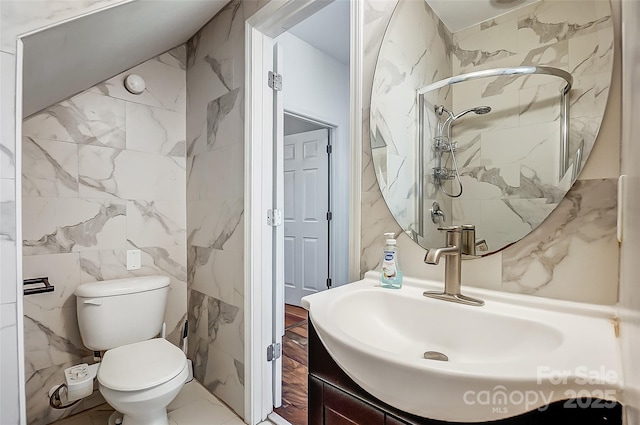 5713 Falkirk Ln, Matthews, NC 28104 - bathroom with tile walls, vanity, and a marble finish shower