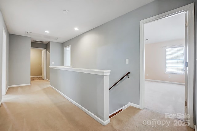 5713 Falkirk Ln, Matthews, NC 28104 - corridor featuring an upstairs landing, light colored carpet, and recessed lighting