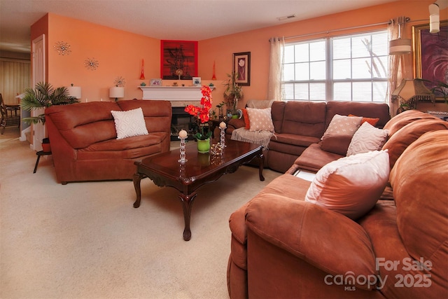 5127 Fernhill Dr, Charlotte, NC 28217 - carpeted living room with a fireplace and visible vents