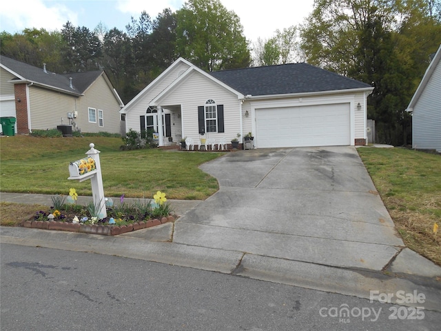 ranch-style home with cooling unit, a garage, concrete driveway, and a front lawn