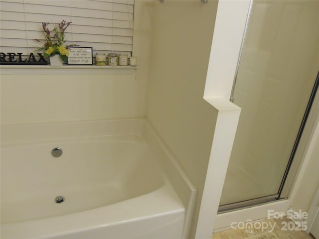 bathroom with a shower stall and a tub