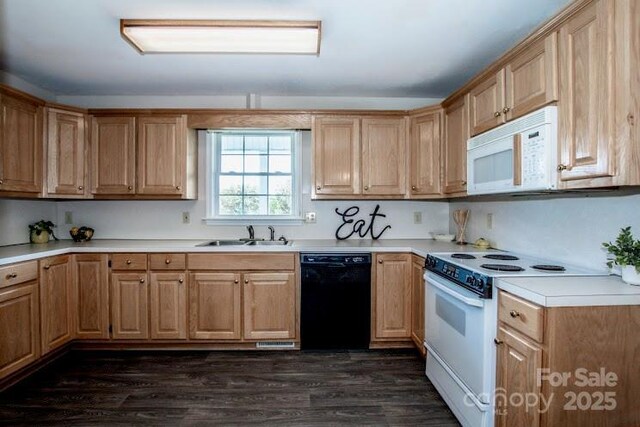 2811 Saint James Church Rd, Denver, NC 28037 - kitchen with white appliances, a sink, light countertops, dark wood finished floors, and light brown cabinets