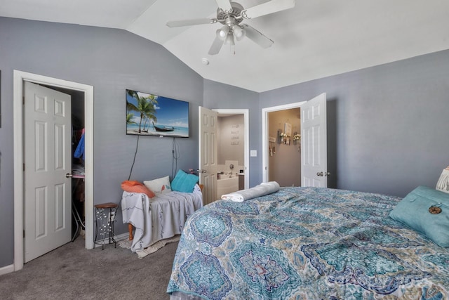 bedroom featuring baseboards, vaulted ceiling, a ceiling fan, and carpet floors