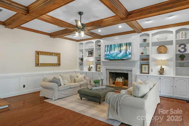5750 Hemby Rd, Matthews, NC 28104 - living room with coffered ceiling, ceiling fan, wood finished floors, and beamed ceiling