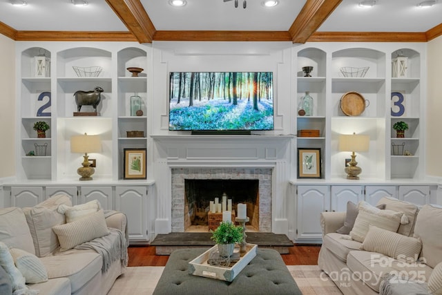 5750 Hemby Rd, Matthews, NC 28104 - living room featuring crown molding, beamed ceiling, built in shelves, and wood finished floors