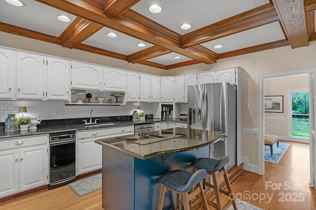 5750 Hemby Rd, Matthews, NC 28104 - kitchen with backsplash, stainless steel fridge with ice dispenser, and coffered ceiling