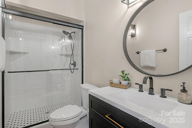 5750 Hemby Rd, Matthews, NC 28104 - bathroom featuring vanity, a shower stall, and toilet