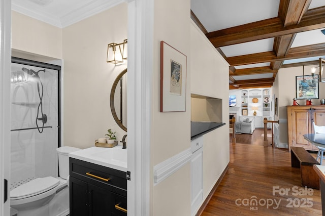 5750 Hemby Rd, Matthews, NC 28104 - hallway with dark wood-style floors, beam ceiling, a sink, ornamental molding, and coffered ceiling