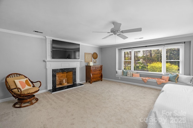 5750 Hemby Rd, Matthews, NC 28104 - carpeted bedroom featuring crown molding, baseboards, a fireplace, and visible vents