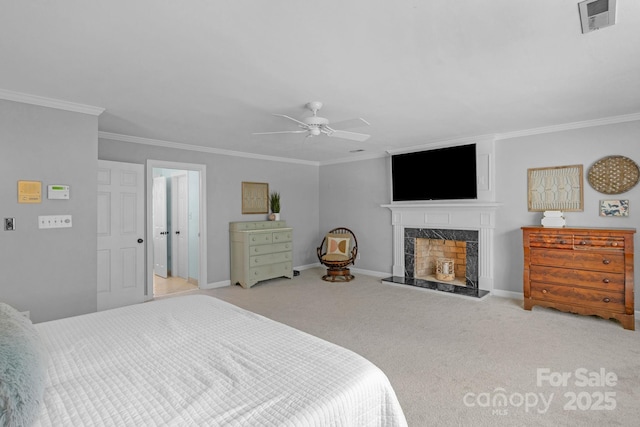 5750 Hemby Rd, Matthews, NC 28104 - bedroom featuring crown molding, a premium fireplace, and visible vents