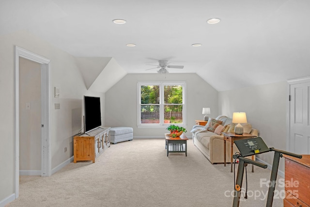 5750 Hemby Rd, Matthews, NC 28104 - living room with baseboards, vaulted ceiling, light carpet, and ceiling fan