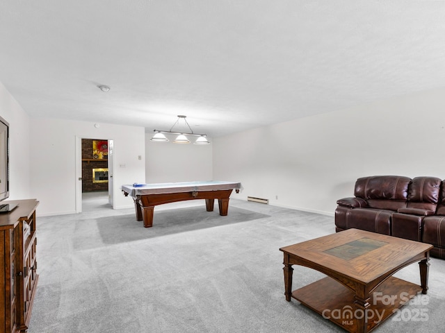 playroom featuring baseboards, a baseboard radiator, pool table, and light carpet