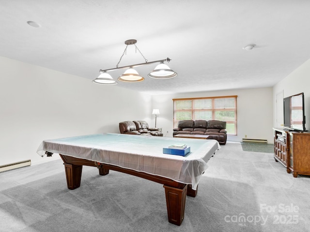 playroom with a baseboard heating unit, light colored carpet, and billiards