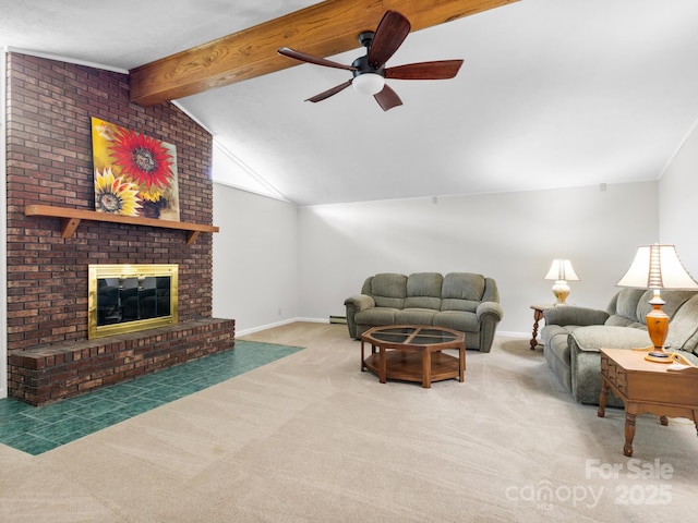 living area featuring baseboards, carpet floors, vaulted ceiling with beams, and ceiling fan