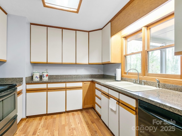 kitchen with white cabinets, light wood-style floors, electric stove, dishwasher, and a sink