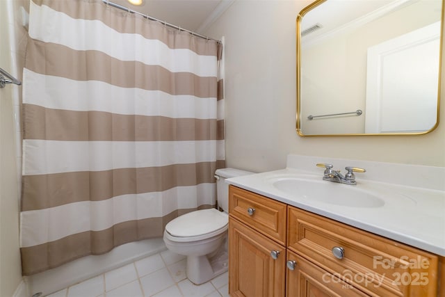 20015 N Cove Rd, Cornelius, NC 28031 - full bath featuring ornamental molding, toilet, vanity, tile patterned floors, and a shower with shower curtain