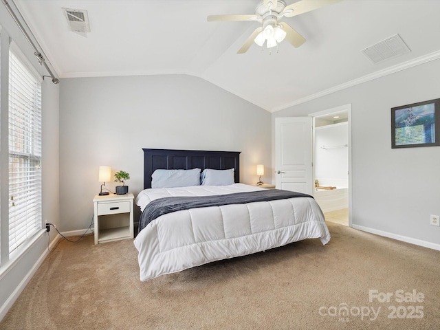 bedroom with light colored carpet, visible vents, and baseboards
