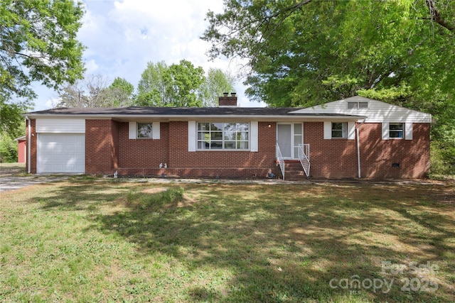 ranch-style house with an attached garage, entry steps, a front yard, and brick siding