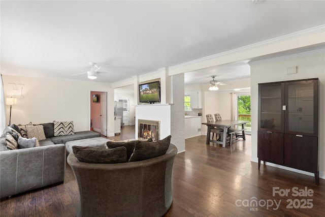 living area featuring ornamental molding, a ceiling fan, a glass covered fireplace, and dark wood-type flooring