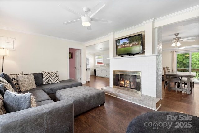 living area with ceiling fan, ornamental molding, wood finished floors, and a fireplace