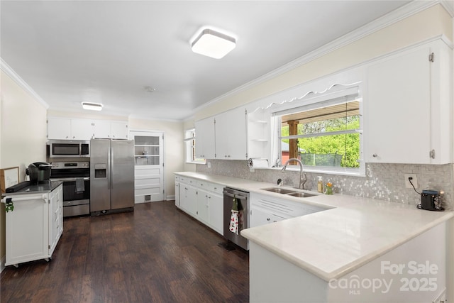 kitchen featuring ornamental molding, a sink, backsplash, and appliances with stainless steel finishes