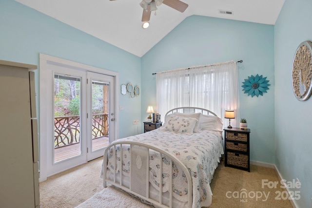50 Honey Mountain Ln, Lake Toxaway, NC 28747 - bedroom with access to outside, carpet, lofted ceiling, and a ceiling fan