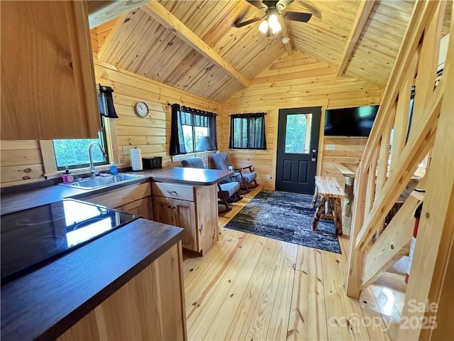kitchen featuring a sink, dark countertops, wood walls, open floor plan, and ceiling fan