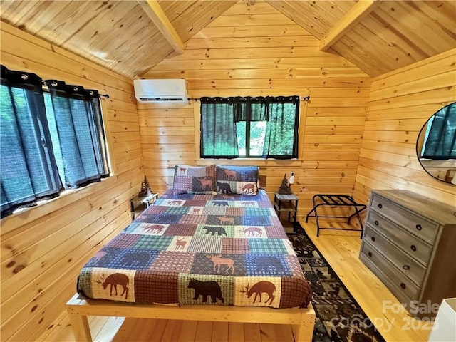 bedroom with wood walls, hardwood / wood-style flooring, wooden ceiling, and an AC wall unit