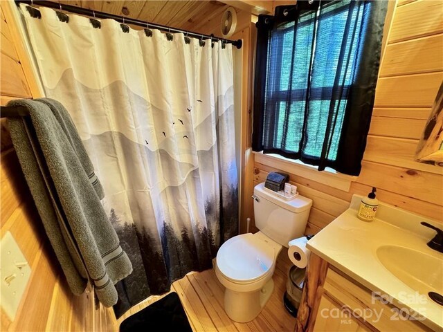 bathroom with toilet, vanity, and curtained shower