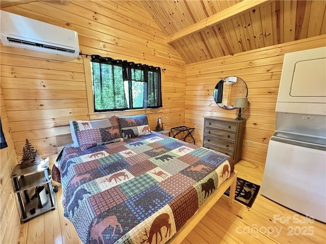 bedroom with a wall mounted AC, wood walls, hardwood / wood-style flooring, and wood ceiling