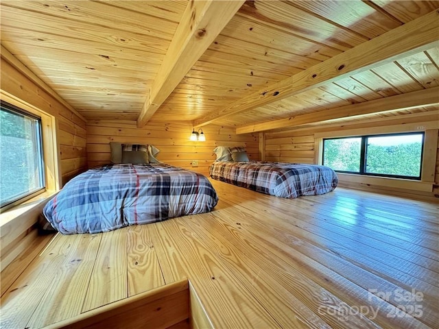 bedroom with wooden ceiling, beamed ceiling, wooden walls, and wood-type flooring