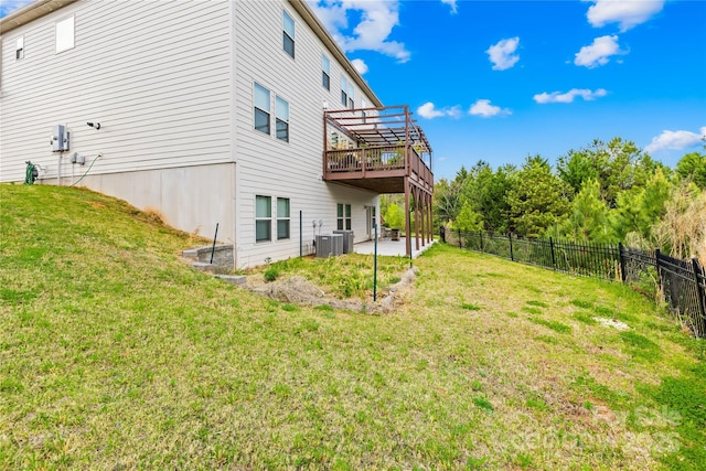12305 Stinson Ct, Charlotte, NC 28277 - back of property featuring central air condition unit, a patio area, a fenced backyard, a deck, and a lawn
