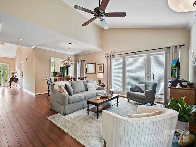 2516 Middlebridge Ln, Charlotte, NC 28270 - living area with recessed lighting, ornamental molding, ceiling fan with notable chandelier, dark wood-style flooring, and baseboards