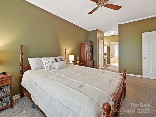 2516 Middlebridge Ln, Charlotte, NC 28270 - carpeted bedroom featuring ceiling fan, ensuite bathroom, ornamental molding, and baseboards