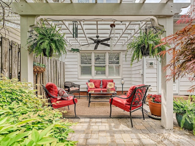 2516 Middlebridge Ln, Charlotte, NC 28270 - view of patio / terrace featuring a pergola, an outdoor living space, ceiling fan, and fence