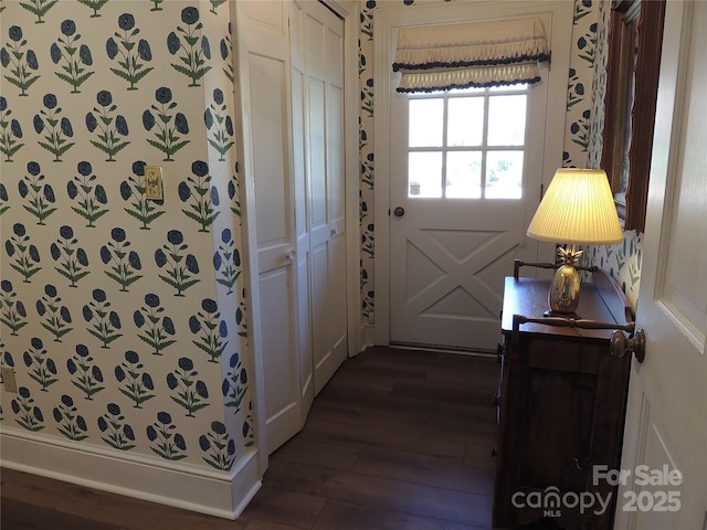 doorway with dark wood-style flooring