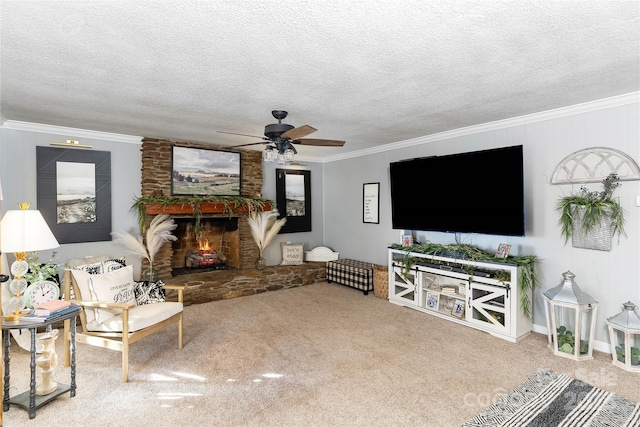447 Henderson Rd, Chesnee, SC 29323 - living area featuring a fireplace, carpet flooring, ornamental molding, and ceiling fan