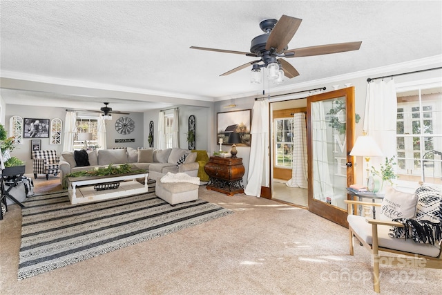 447 Henderson Rd, Chesnee, SC 29323 - carpeted living area featuring a textured ceiling, ornamental molding, and ceiling fan