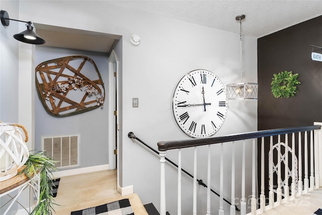 447 Henderson Rd, Chesnee, SC 29323 - stairs featuring visible vents, baseboards, carpet flooring, and a textured ceiling