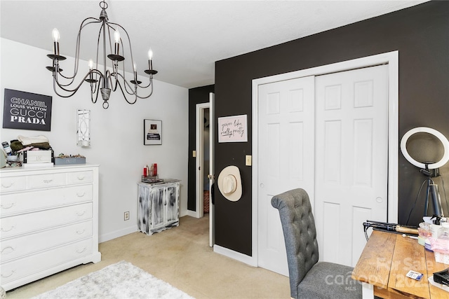 447 Henderson Rd, Chesnee, SC 29323 - office area with a chandelier, light colored carpet, and baseboards