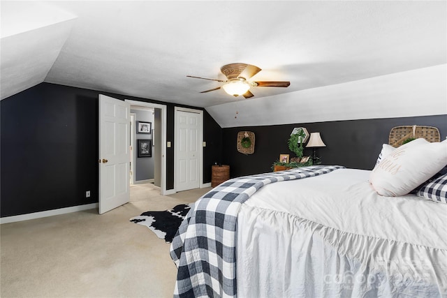 447 Henderson Rd, Chesnee, SC 29323 - bedroom with light carpet, baseboards, vaulted ceiling, and ceiling fan
