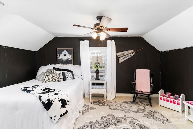 447 Henderson Rd, Chesnee, SC 29323 - bedroom featuring wood walls, carpet, a ceiling fan, and lofted ceiling