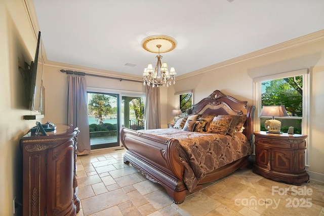 bedroom with ornamental molding, access to exterior, multiple windows, and stone tile floors