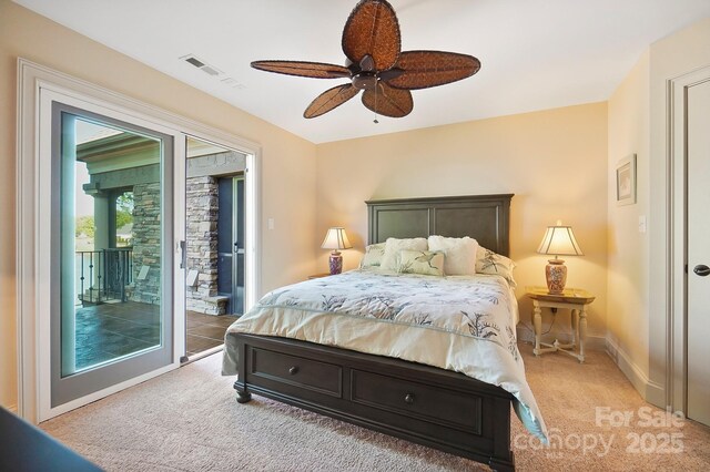 bedroom with visible vents, baseboards, a ceiling fan, access to outside, and light colored carpet