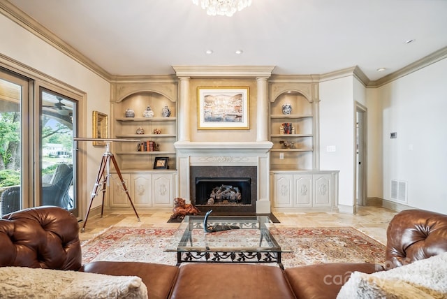 20428 Island Forest Dr, Cornelius, NC 28031 - living area featuring built in shelves, ornamental molding, and a fireplace with flush hearth