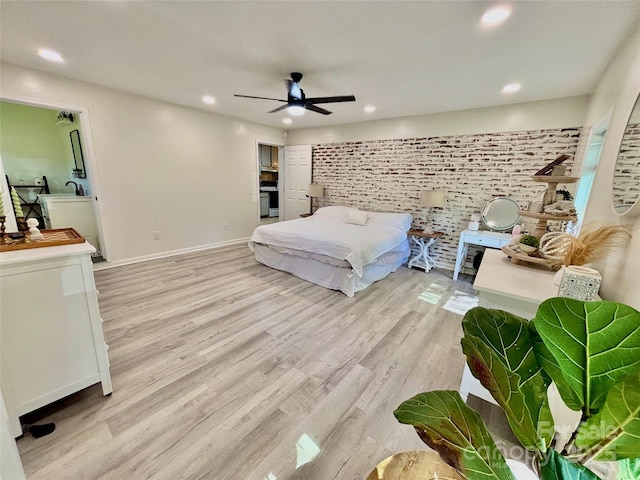 bedroom with light wood-type flooring, baseboards, brick wall, recessed lighting, and a ceiling fan