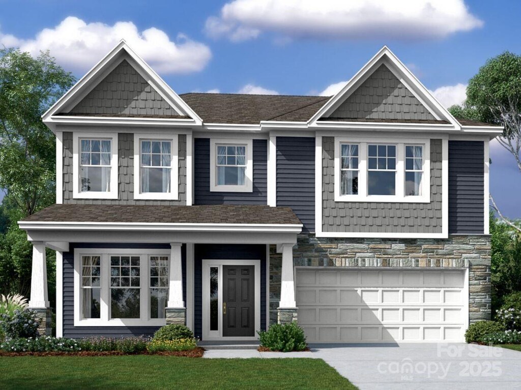 8613 Bridgegate Dr, Huntersville, NC 28078 - craftsman house with an attached garage, roof with shingles, driveway, and stone siding