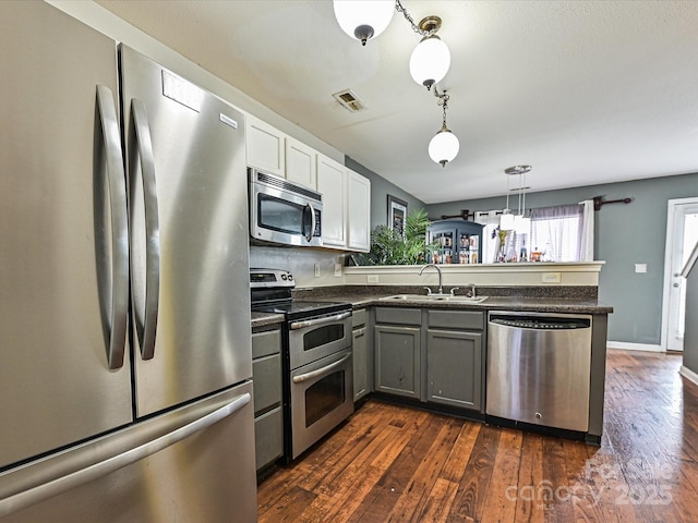 kitchen with a peninsula, visible vents, appliances with stainless steel finishes, a sink, and dark countertops